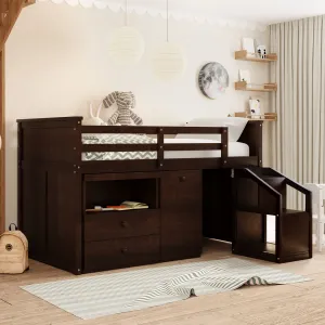 Loft Bed Low Study Twin Size Loft Bed With Storage Steps and Portable,Desk,Espresso