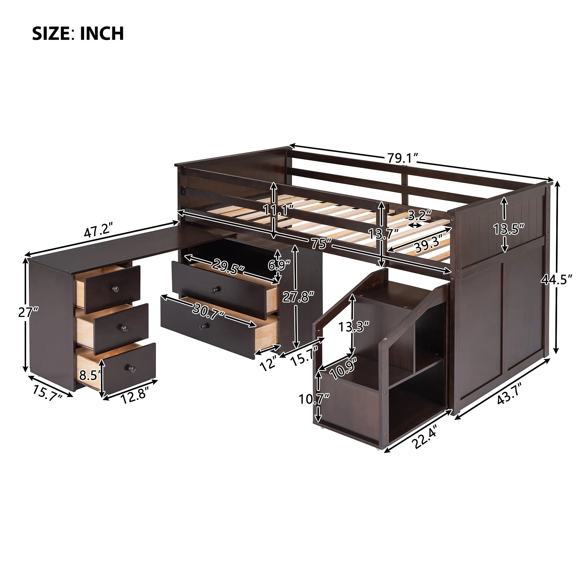 Loft Bed Low Study Twin Size Loft Bed With Storage Steps and Portable,Desk,Espresso