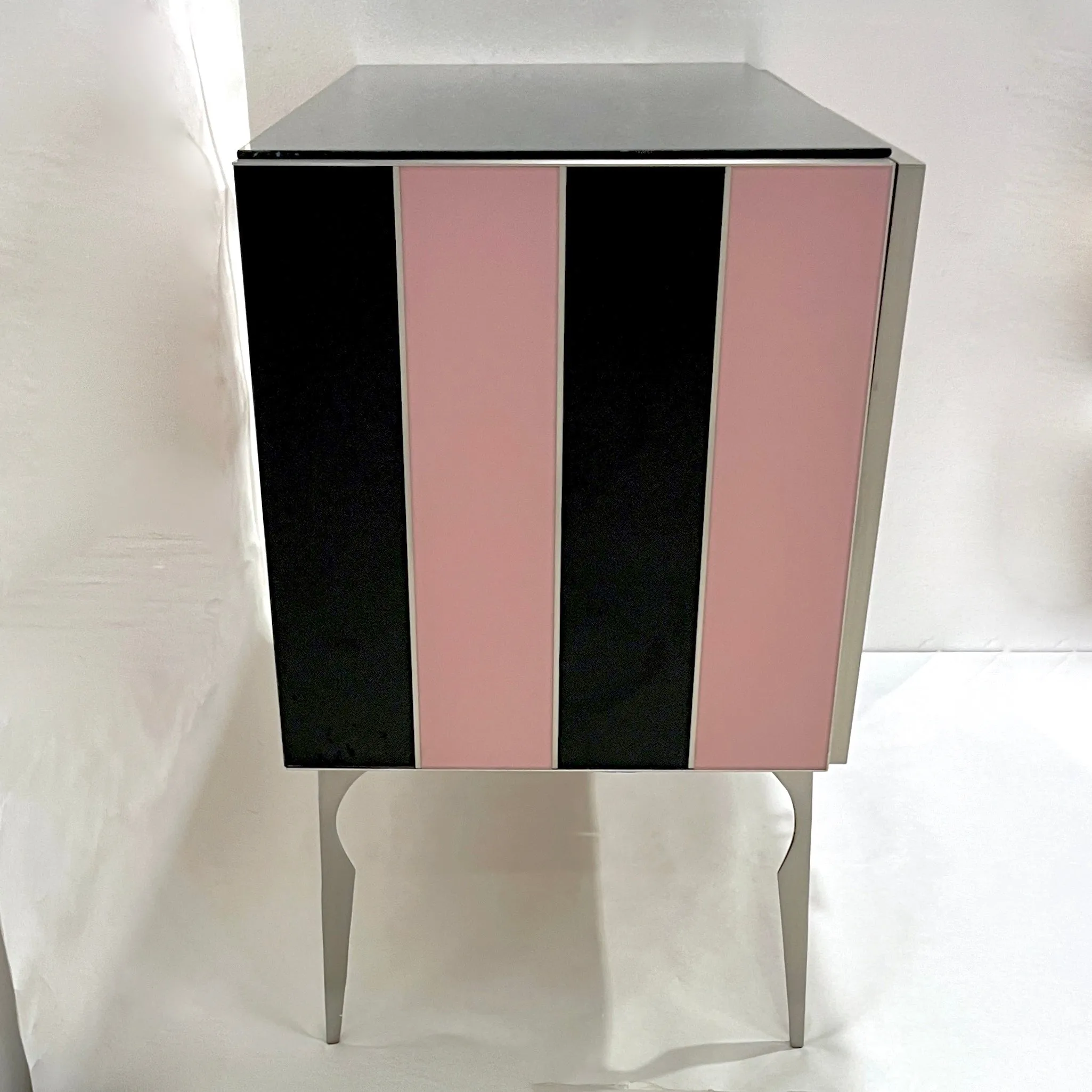 Modern Italian Custom Art Deco Style Pink Black Stripe Glass Brass Cabinet /Bar