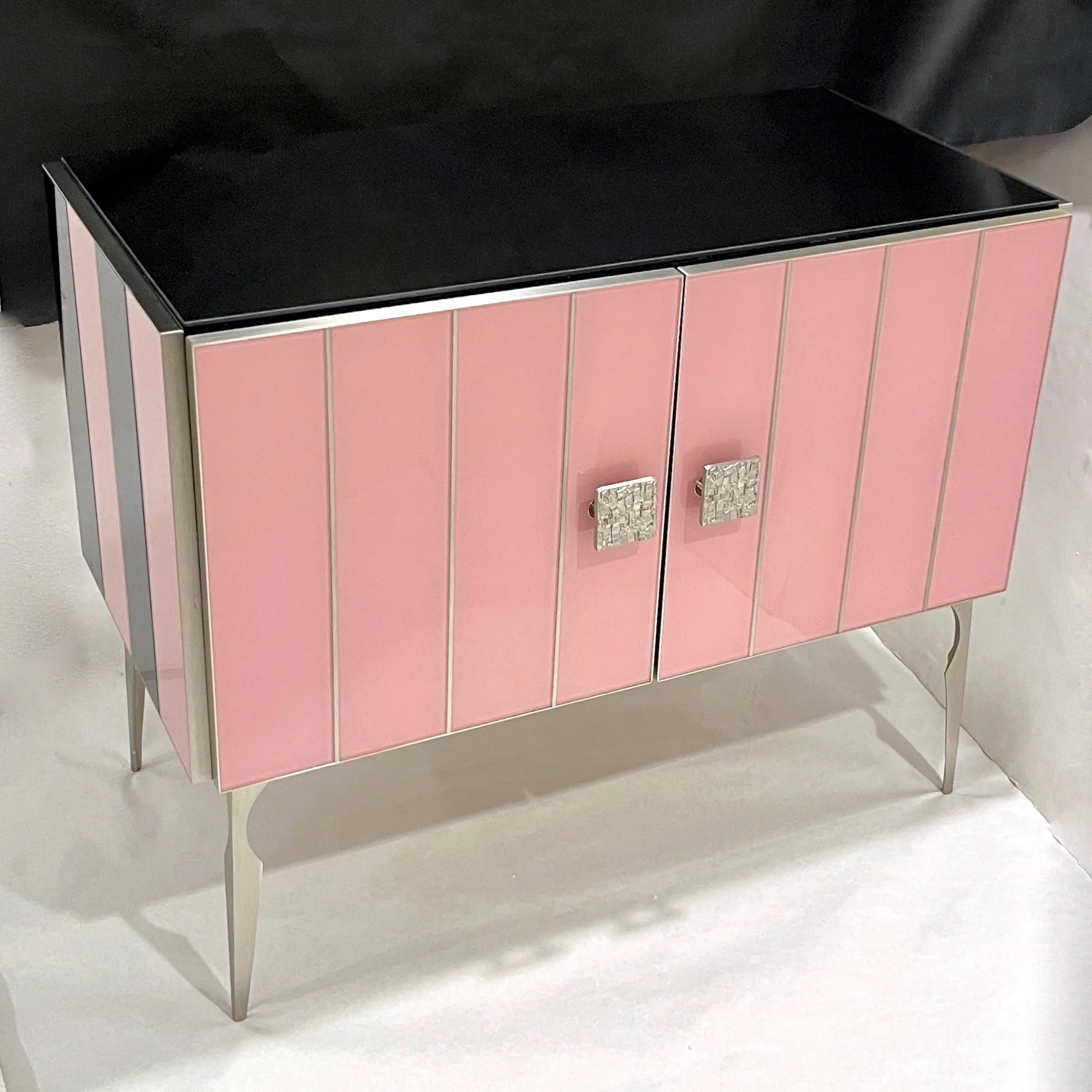 Modern Italian Custom Art Deco Style Pink Black Stripe Glass Brass Cabinet /Bar