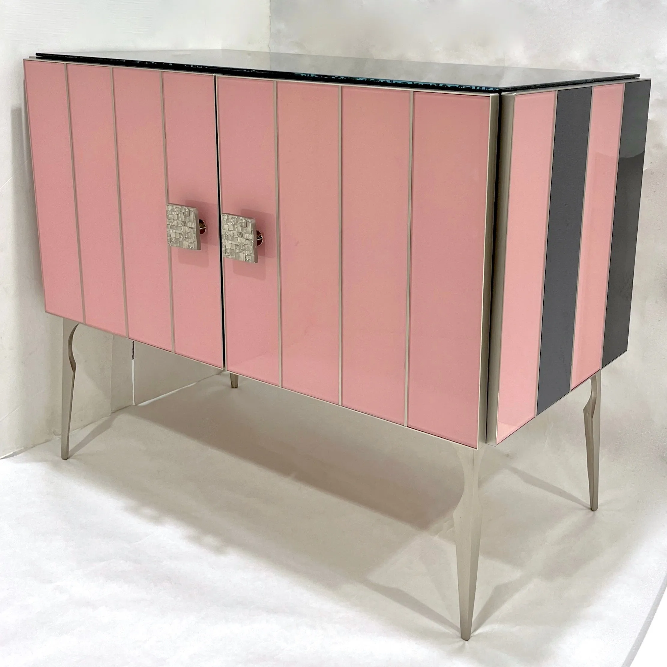 Modern Italian Custom Art Deco Style Pink Black Stripe Glass Brass Cabinet /Bar