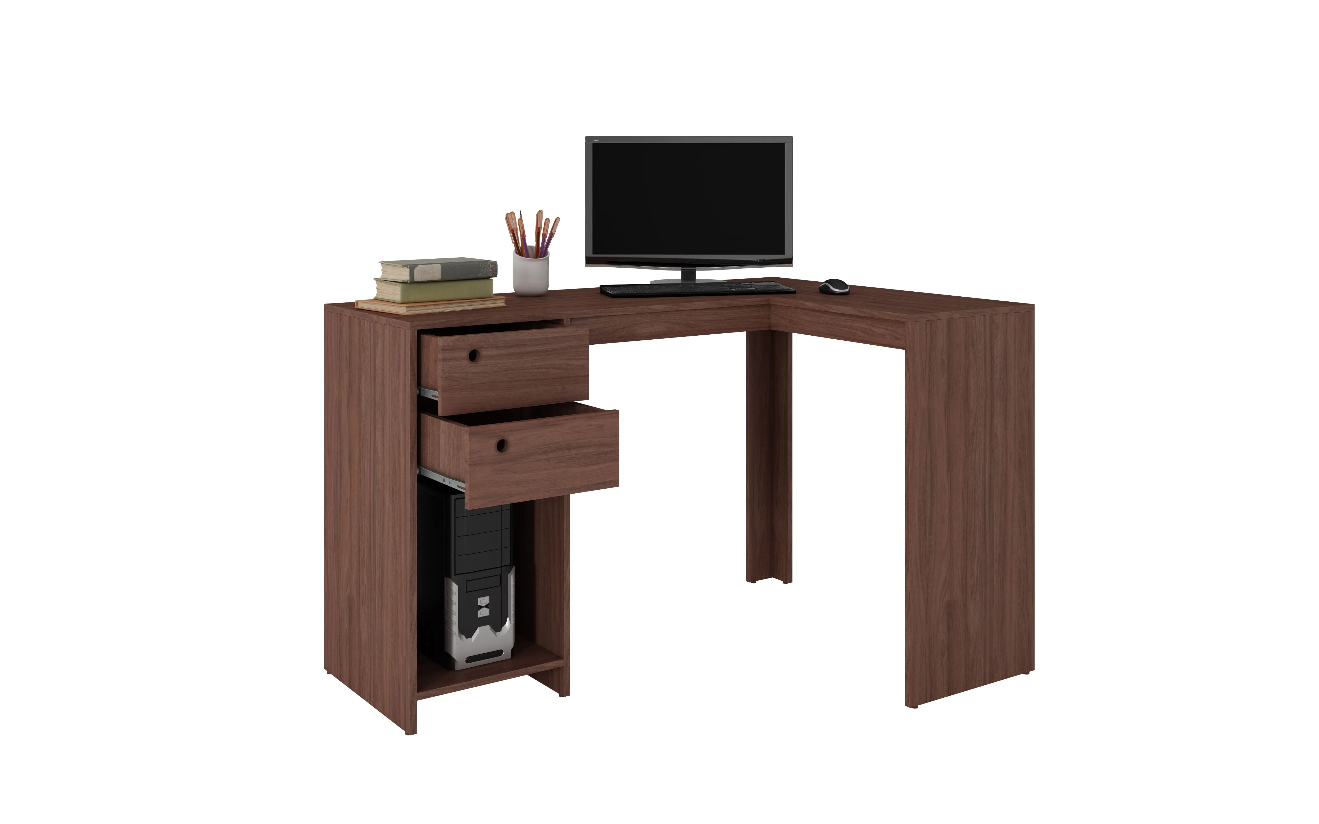 Palermo Classic L- Desk with 2 drawers and 1 cubby in Nut Brown