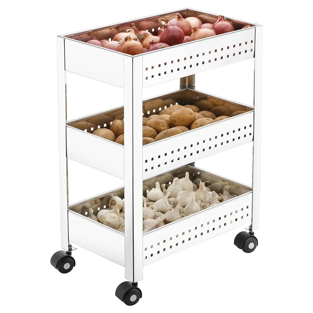 Plantex Stainless Steel 3-Tier Vegetable Storage Basket for Kitchen/Onion Garlic Stand/Vegetable Storage Stand-Trolley for Kitchen(Square Profile-Silver)