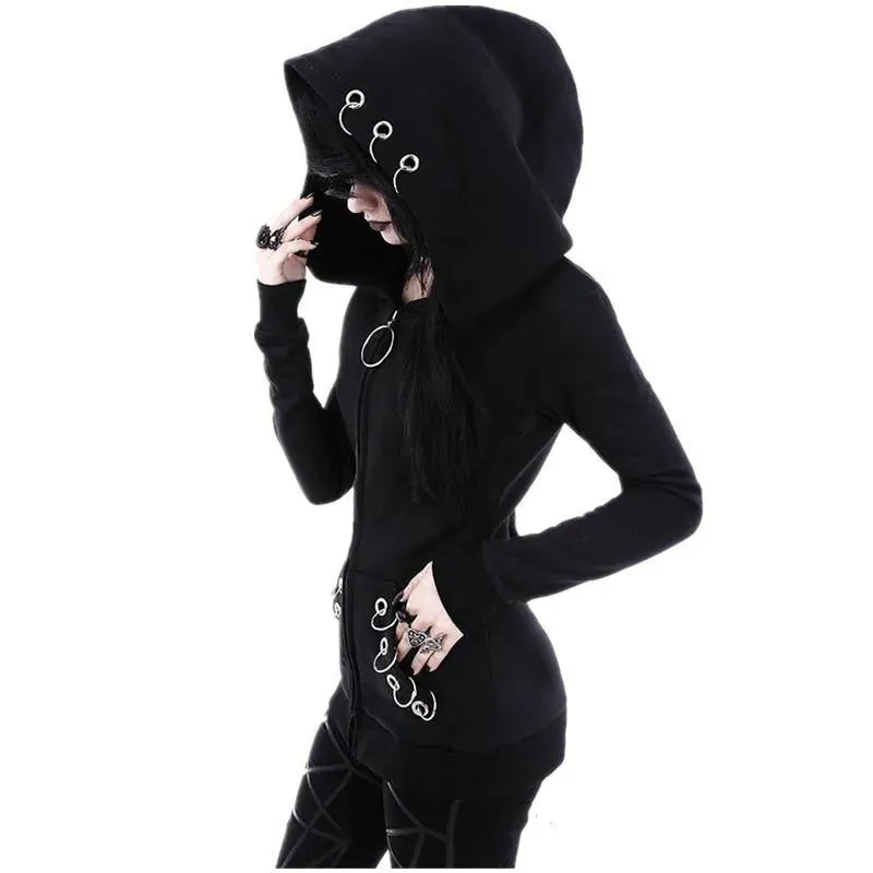 Ring Detailed Goth Hoodie Jacket: Long Sleeve Women's Jacket upto 5XL