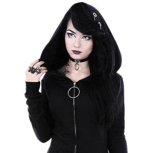 Ring Detailed Goth Hoodie Jacket: Long Sleeve Women's Jacket upto 5XL