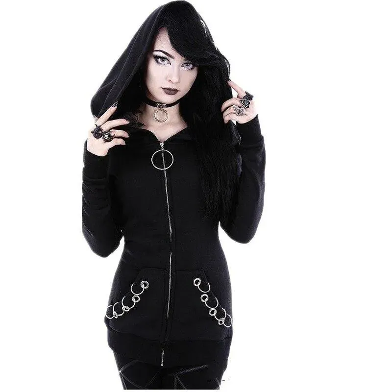 Ring Detailed Goth Hoodie Jacket: Long Sleeve Women's Jacket upto 5XL