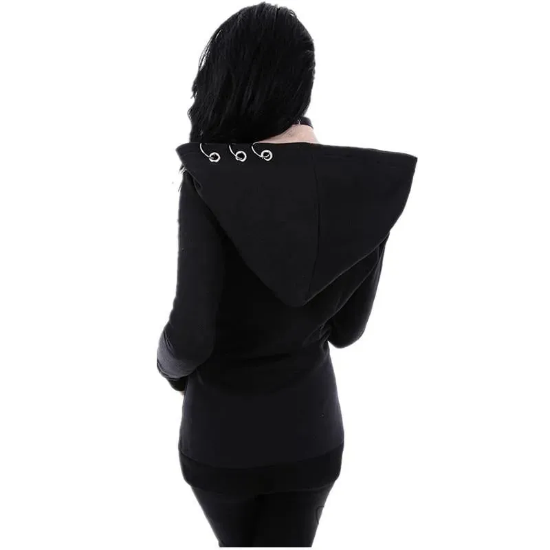 Ring Detailed Goth Hoodie Jacket: Long Sleeve Women's Jacket upto 5XL