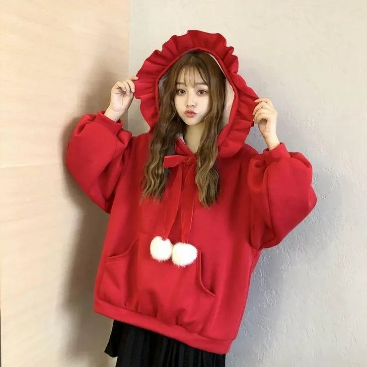 Ruffled Women's Hoodie with Lace Bow & Pom Poms Pockets Ladies Hooded Sweatshirt Kawaii Harajuku Cute Baby Japanese Lolita Style