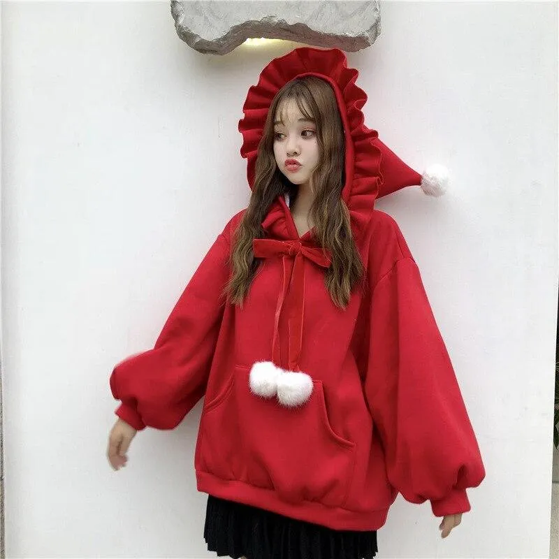 Ruffled Women's Hoodie with Lace Bow & Pom Poms Pockets Ladies Hooded Sweatshirt Kawaii Harajuku Cute Baby Japanese Lolita Style