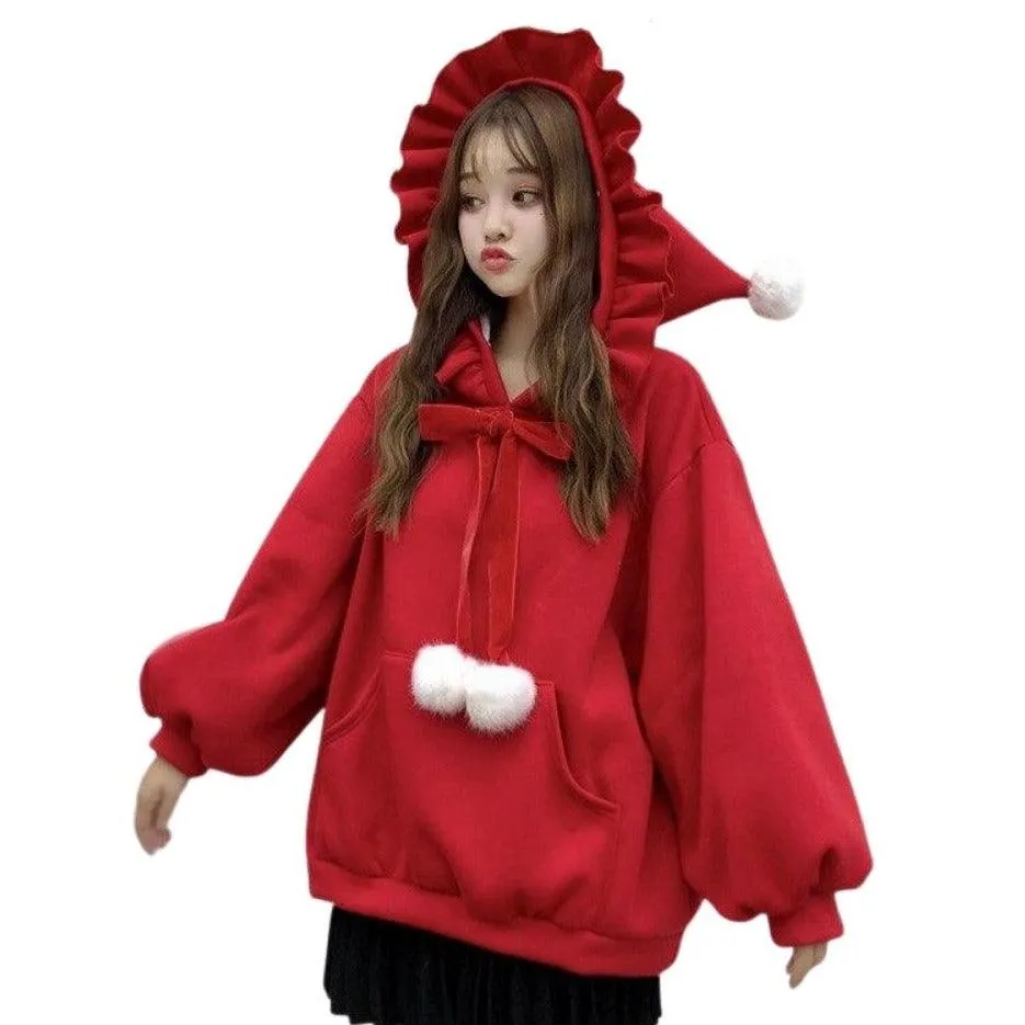 Ruffled Women's Hoodie with Lace Bow & Pom Poms Pockets Ladies Hooded Sweatshirt Kawaii Harajuku Cute Baby Japanese Lolita Style