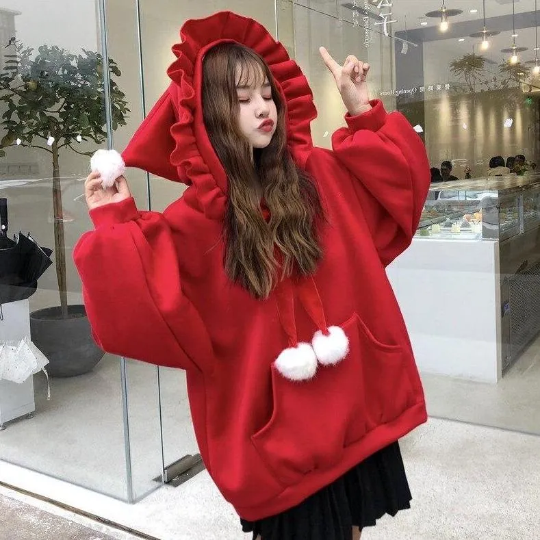 Ruffled Women's Hoodie with Lace Bow & Pom Poms Pockets Ladies Hooded Sweatshirt Kawaii Harajuku Cute Baby Japanese Lolita Style