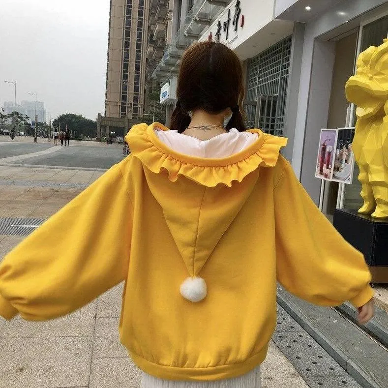 Ruffled Women's Hoodie with Lace Bow & Pom Poms Pockets Ladies Hooded Sweatshirt Kawaii Harajuku Cute Baby Japanese Lolita Style