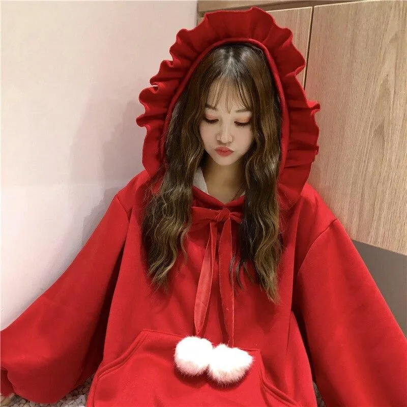 Ruffled Women's Hoodie with Lace Bow & Pom Poms Pockets Ladies Hooded Sweatshirt Kawaii Harajuku Cute Baby Japanese Lolita Style