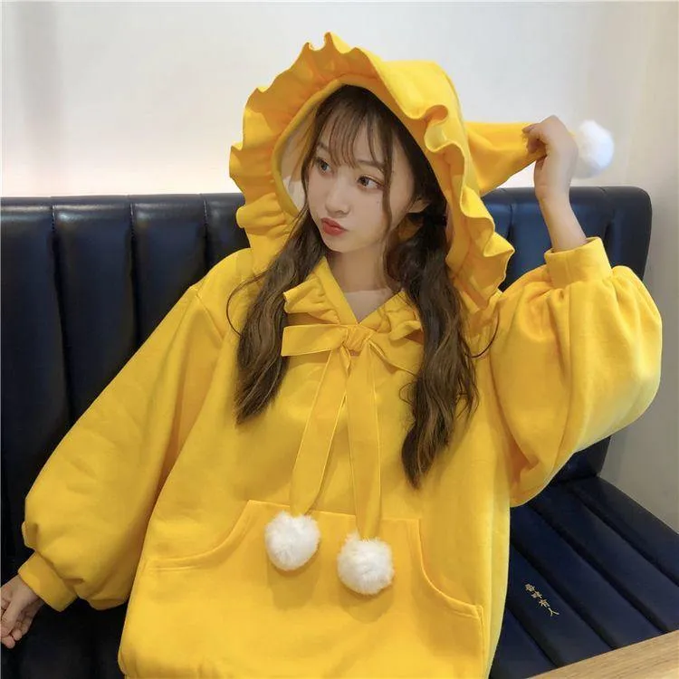 Ruffled Women's Hoodie with Lace Bow & Pom Poms Pockets Ladies Hooded Sweatshirt Kawaii Harajuku Cute Baby Japanese Lolita Style