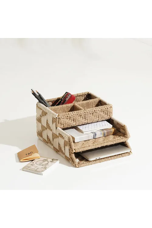 Sirohi Handwoven Jute & Cotton Wfh Desk Organizer | Brown & White