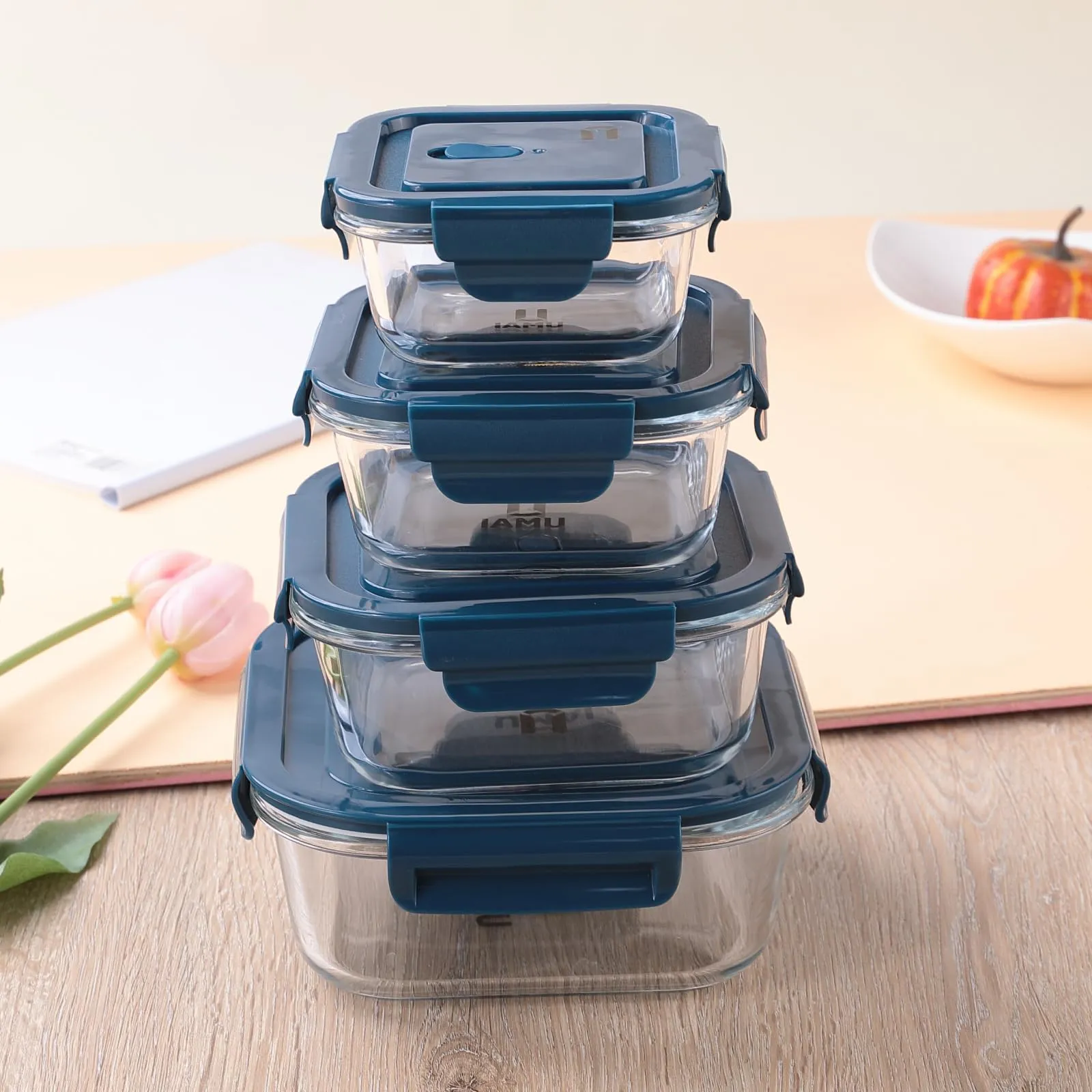 The Better Home UMAI Borosilicate Glass Containers with Lid - Glass Lunch Box with Air Vent Lid, Kitchen Containers Set - Microwave & Freezer Safe, Leak Proof, Stackable Design, Set of 4 (Square)