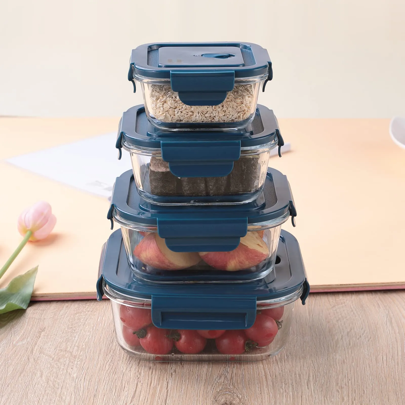 The Better Home UMAI Borosilicate Glass Containers with Lid - Glass Lunch Box with Air Vent Lid, Kitchen Containers Set - Microwave & Freezer Safe, Leak Proof, Stackable Design, Set of 4 (Square)