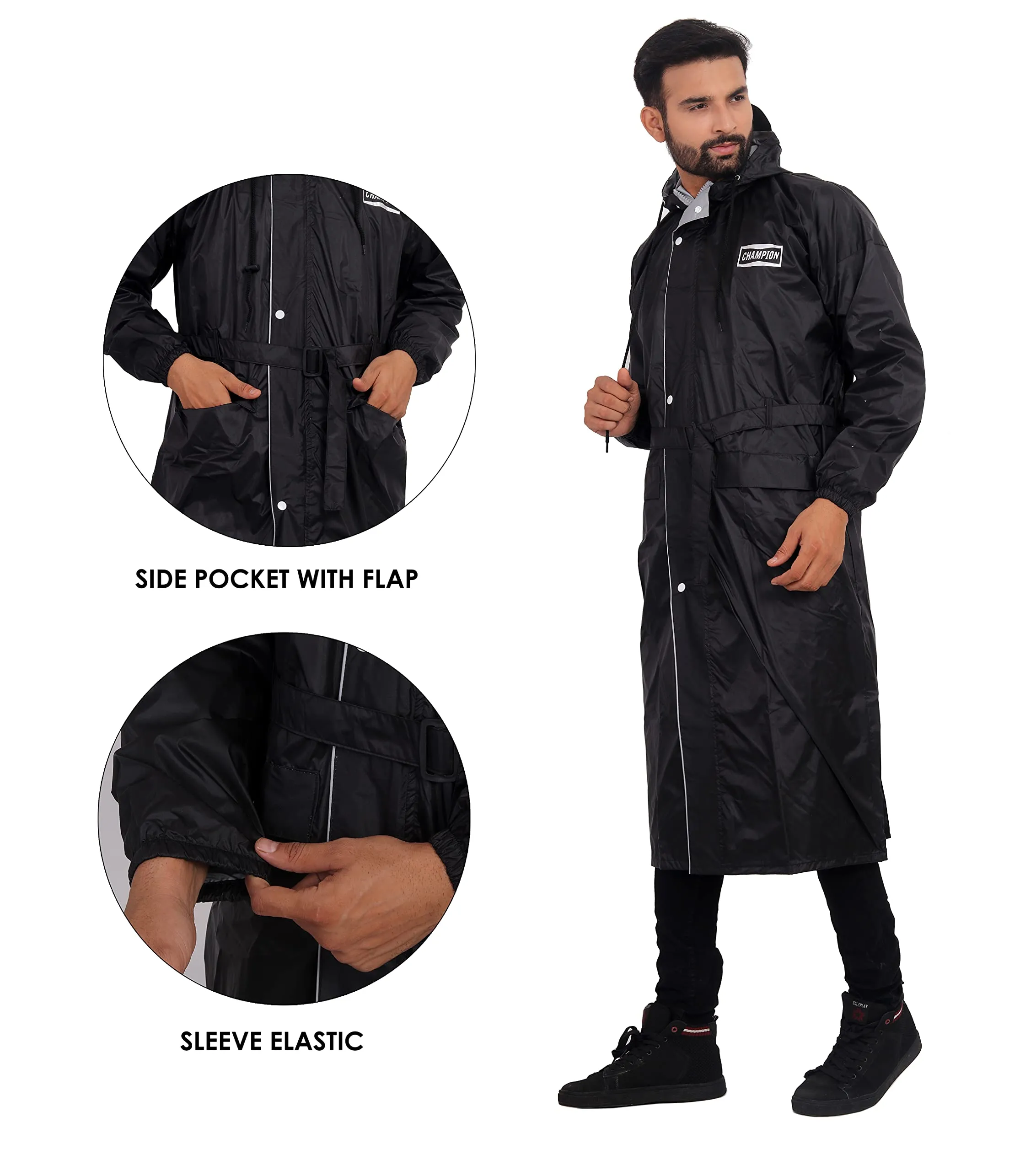 THE CLOWNFISH Rain Coat for Men Waterproof Raincoat Nylon Reversible Double Layer Longcoat For Men Bike Rain Suit Rain Jacket Suit Inner Mobile Pocket with Storage Bag (Black Free Size)