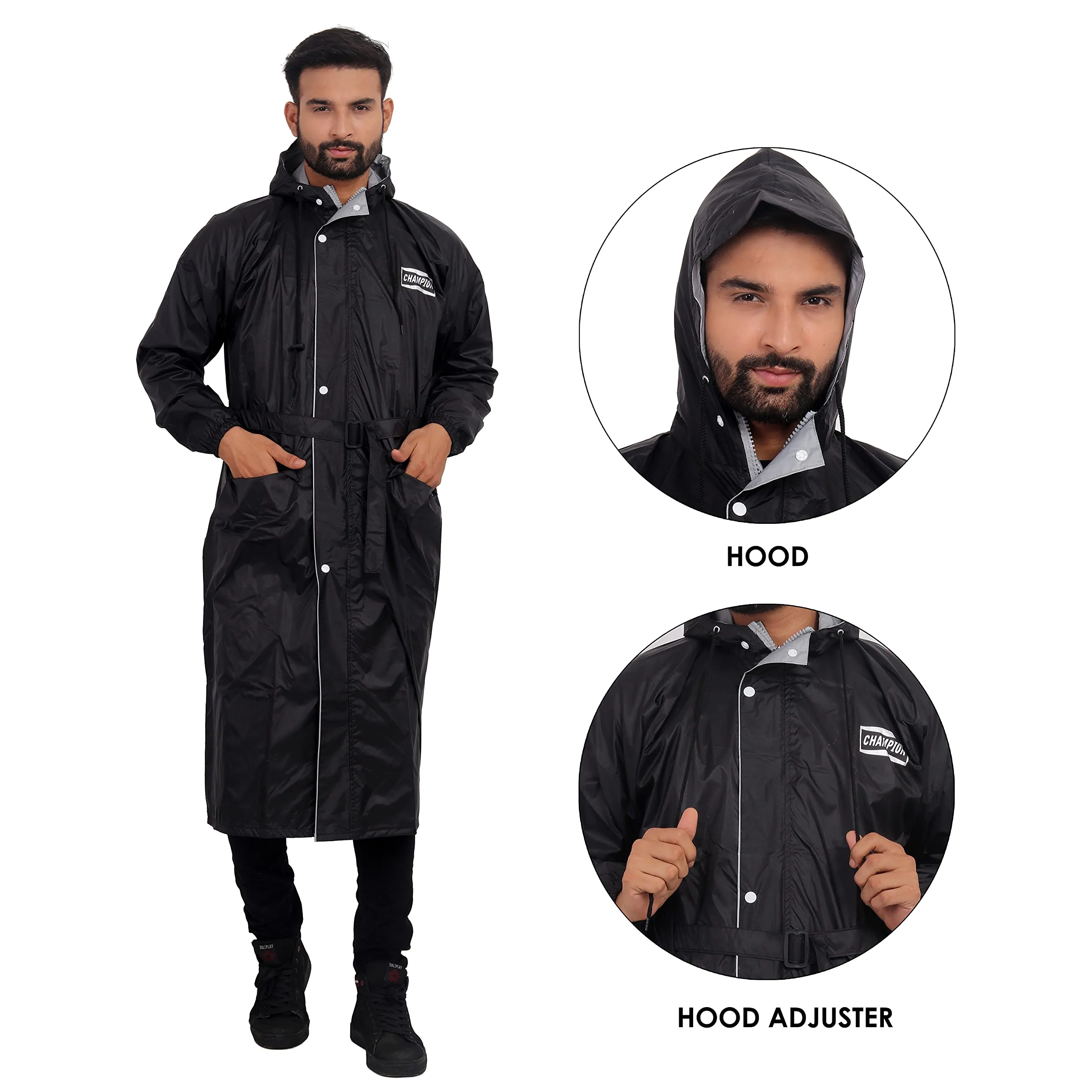 THE CLOWNFISH Rain Coat for Men Waterproof Raincoat Nylon Reversible Double Layer Longcoat For Men Bike Rain Suit Rain Jacket Suit Inner Mobile Pocket with Storage Bag (Black Free Size)