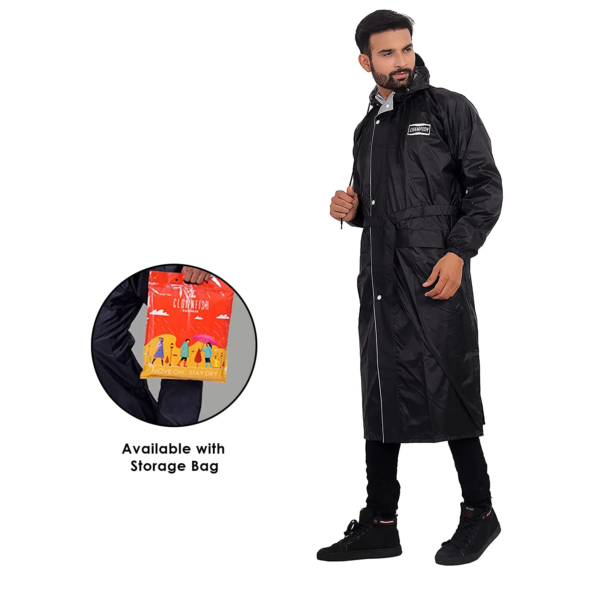 THE CLOWNFISH Rain Coat for Men Waterproof Raincoat Nylon Reversible Double Layer Longcoat For Men Bike Rain Suit Rain Jacket Suit Inner Mobile Pocket with Storage Bag (Black Free Size)