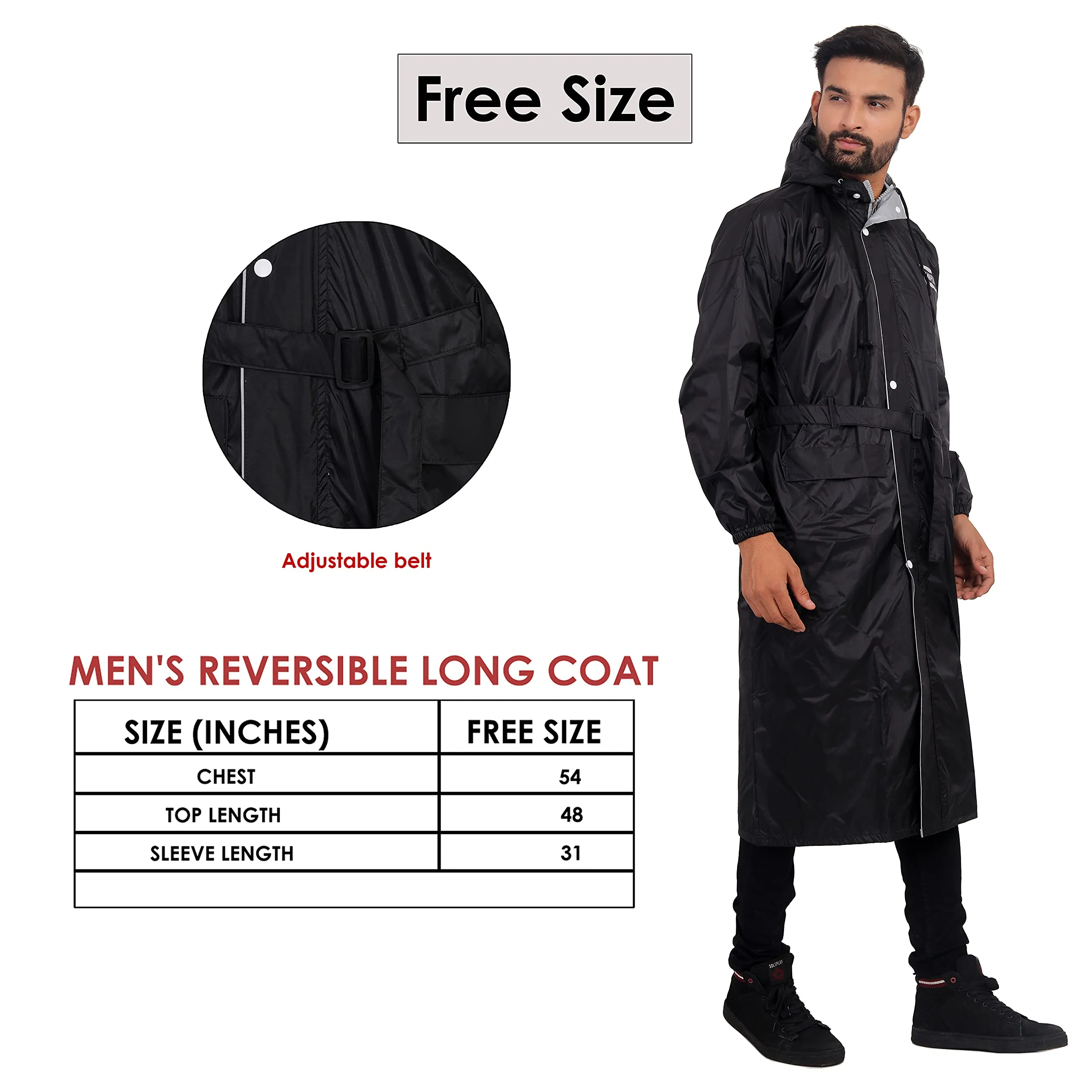 THE CLOWNFISH Rain Coat for Men Waterproof Raincoat Nylon Reversible Double Layer Longcoat For Men Bike Rain Suit Rain Jacket Suit Inner Mobile Pocket with Storage Bag (Black Free Size)