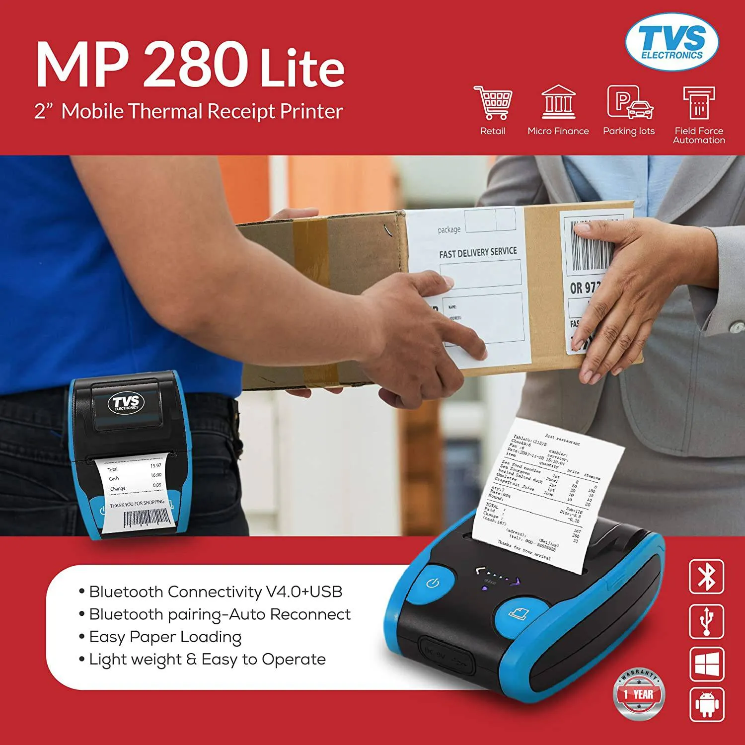 TVS ELECTRONICS MP 280 Lite Mobile Receipt Printer | Ultra-Compact 2 Inch / Bluetooth Connectivity V4.0   USB, For Ticketing, Billing, Hospitality.