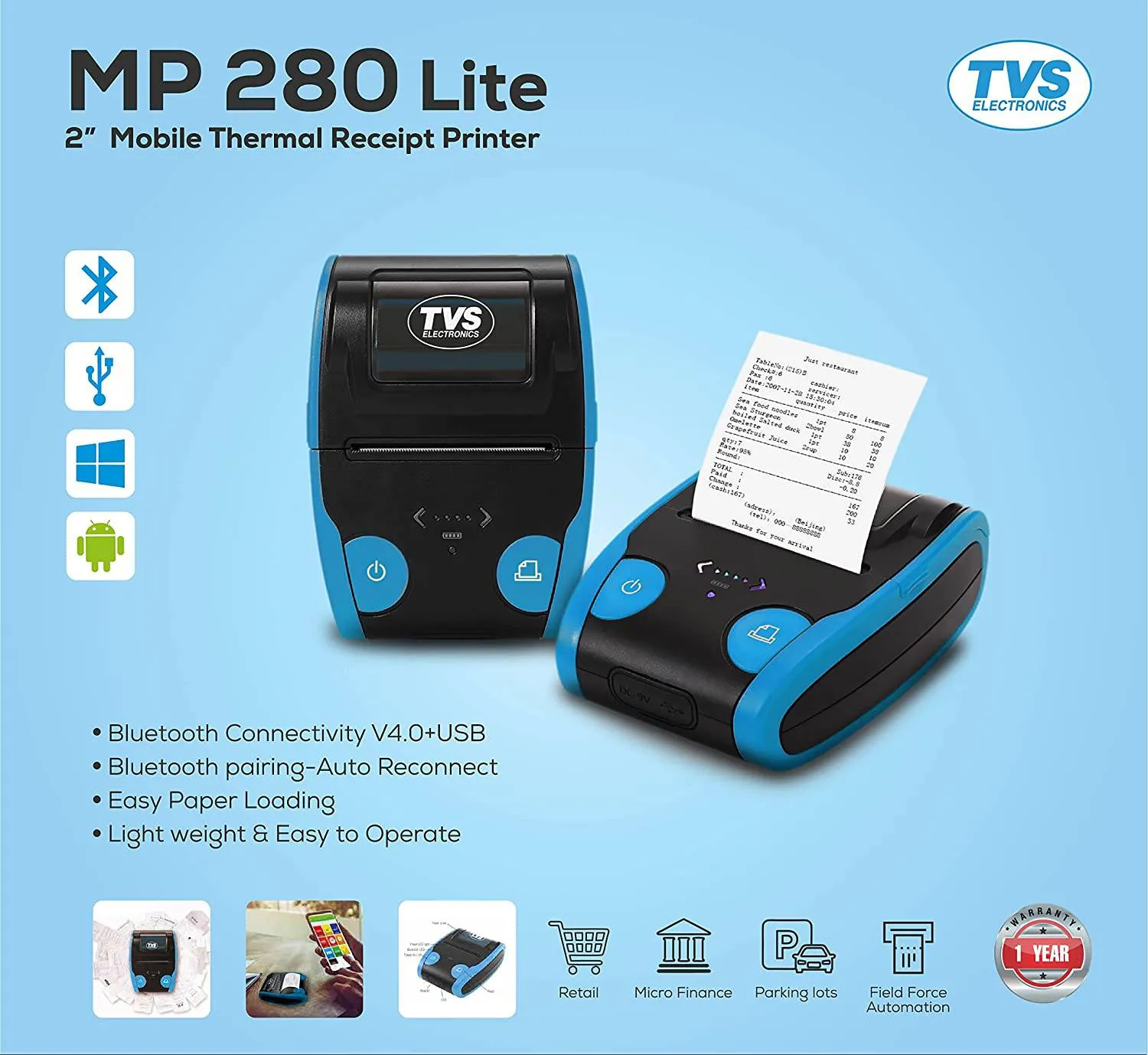 TVS ELECTRONICS MP 280 Lite Mobile Receipt Printer | Ultra-Compact 2 Inch / Bluetooth Connectivity V4.0   USB, For Ticketing, Billing, Hospitality.