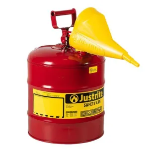 Type I Steel Safety Can, Funnel, 5 Gal, S/S Flame Arrest, Self-Close Lid