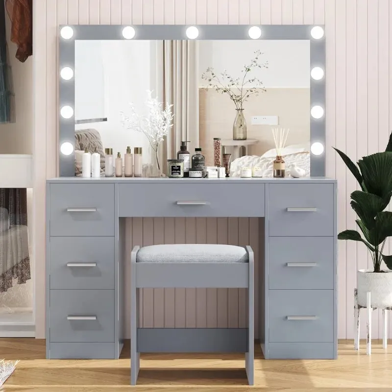 Vanity Desk with Drawers Lighted Hollywood Makeup Mirror and Stool